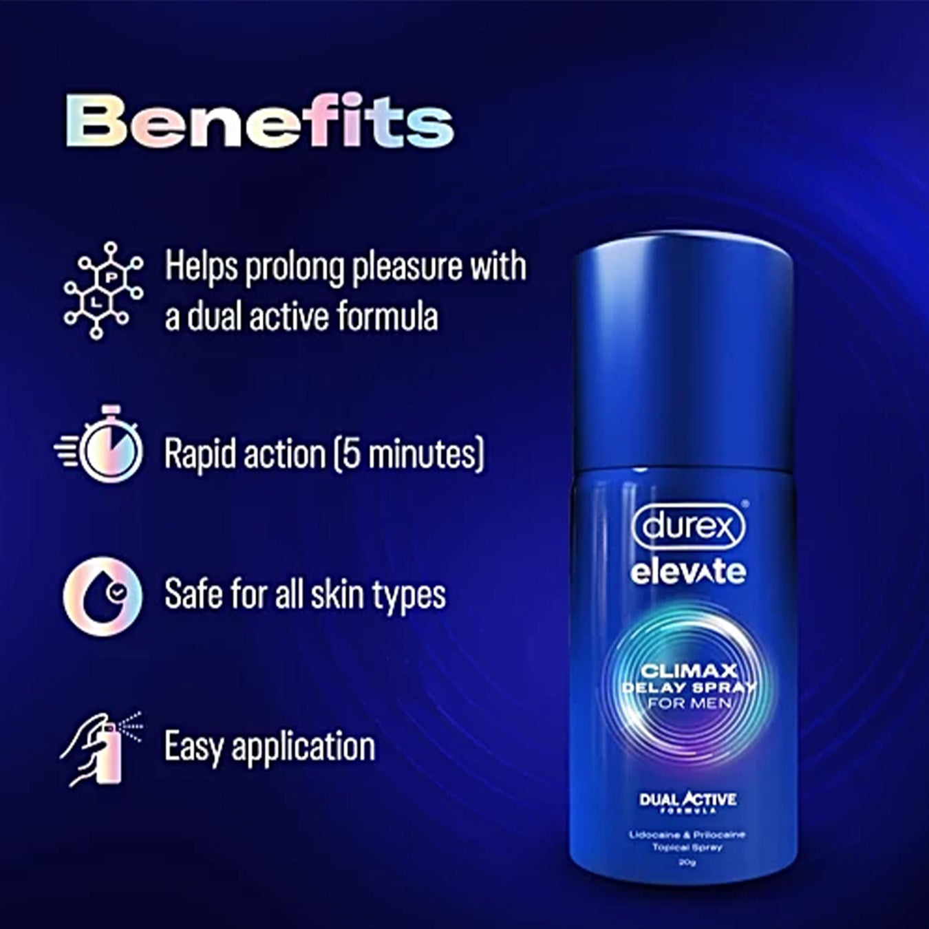Durex Elevate Climax Delay Spray For Men - Lidocaine & Prilocaine Topical Spray, 20 g
